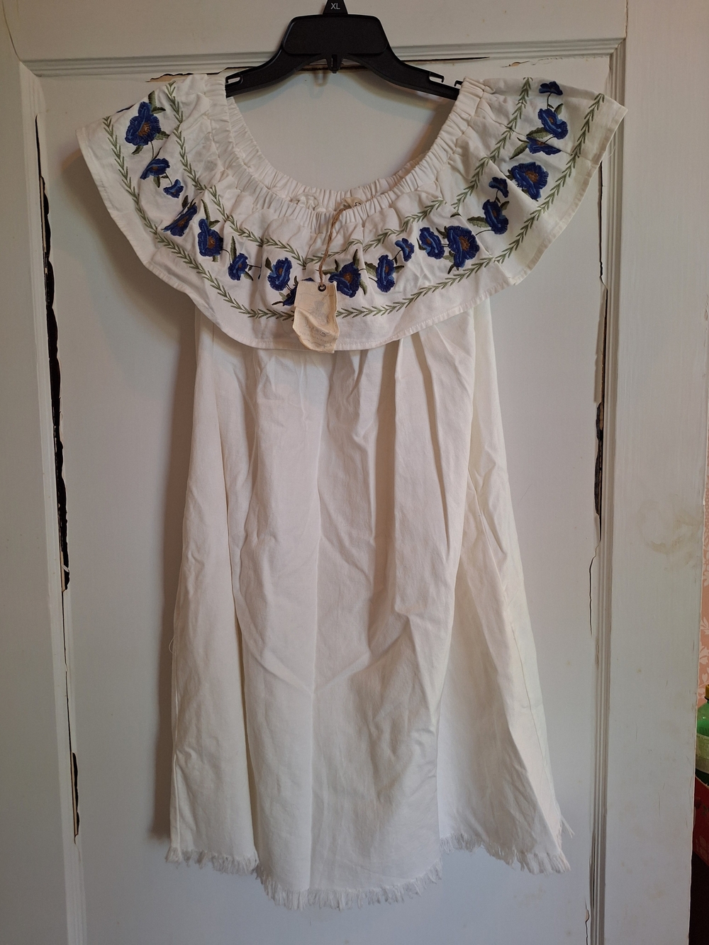 Easel Womens Dress White Cotton Embroidered Neck Ruffle Pockets Resort NWT Sz L
